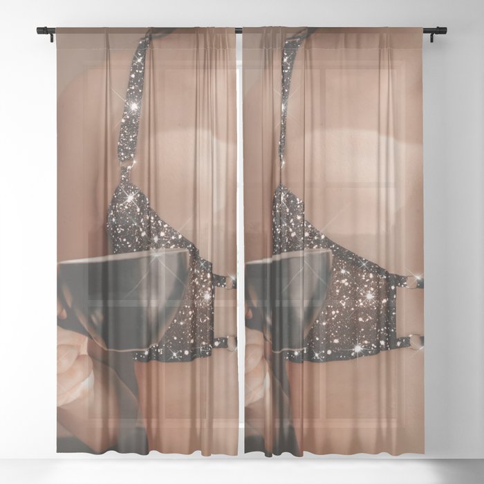 Woman, Glitter Lingerie & a Cup of Coffee Sheer Curtain