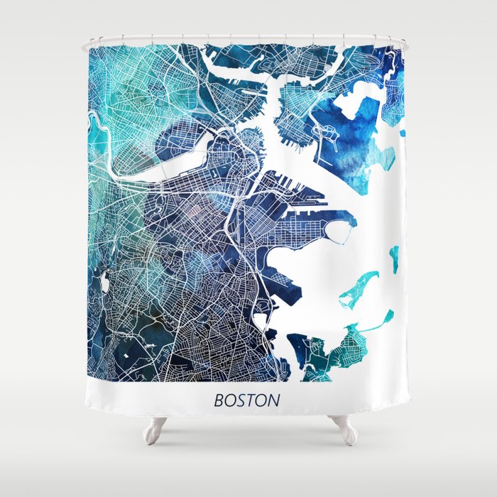 Boston Massachusetts Map Navy Blue Turquoise Watercolor Shower Curtain
