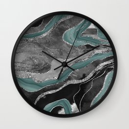 Pale Teal Gray Marble Agate Silver Glitter Glam #1 (Faux Glitter) #decor #art #society6 Wall Clock