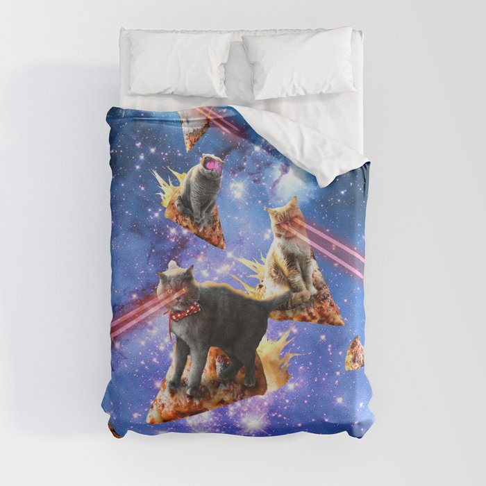 Space Laser Eye Cat Riding Pizza, Galaxy Cats Duvet Cover