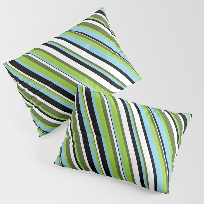 Eye-catching Dark Olive Green, Green, Sky Blue, Black & White Colored Stripes/Lines Pattern Pillow Sham