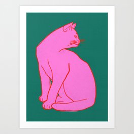 Pink Cat On Green Background Art Print