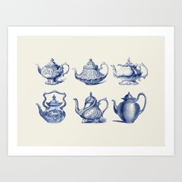 Blue Tea Pots Vintage Illustration Art Print