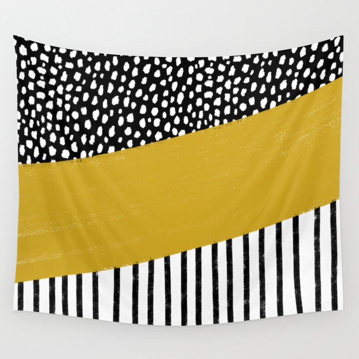 Polka Dots and Stripes Pattern (black/white/mustard yellow) Wall Tapestry