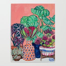 Cluster of Houseplants and Proteas on Pink Still Life Painting Poster