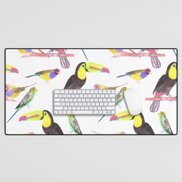 Exotic Pet birds in watercolor- Budgies, toucans and gouldian finches Desk Mat