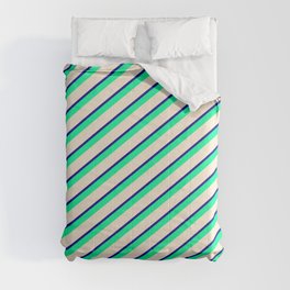 [ Thumbnail: Dark Blue, Green & Beige Colored Lines/Stripes Pattern Comforter ]