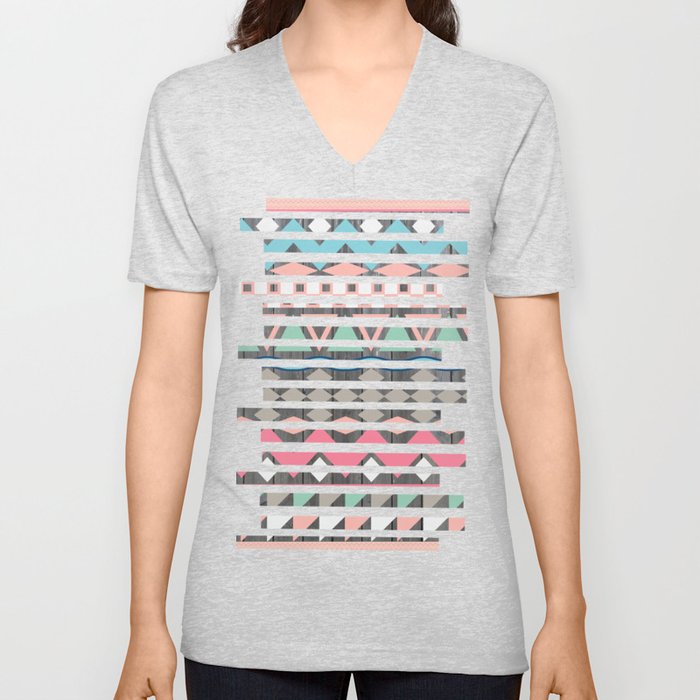 Vintage Wood Aztec, Andes Teal & Pink Abstract Pattern V Neck T Shirt