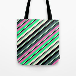 [ Thumbnail: Eyecatching Dark Slate Gray, Hot Pink, Green, Beige, and Black Colored Lines Pattern Tote Bag ]