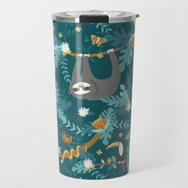 Sloth Hanging in a Teal Forest Travel Mug