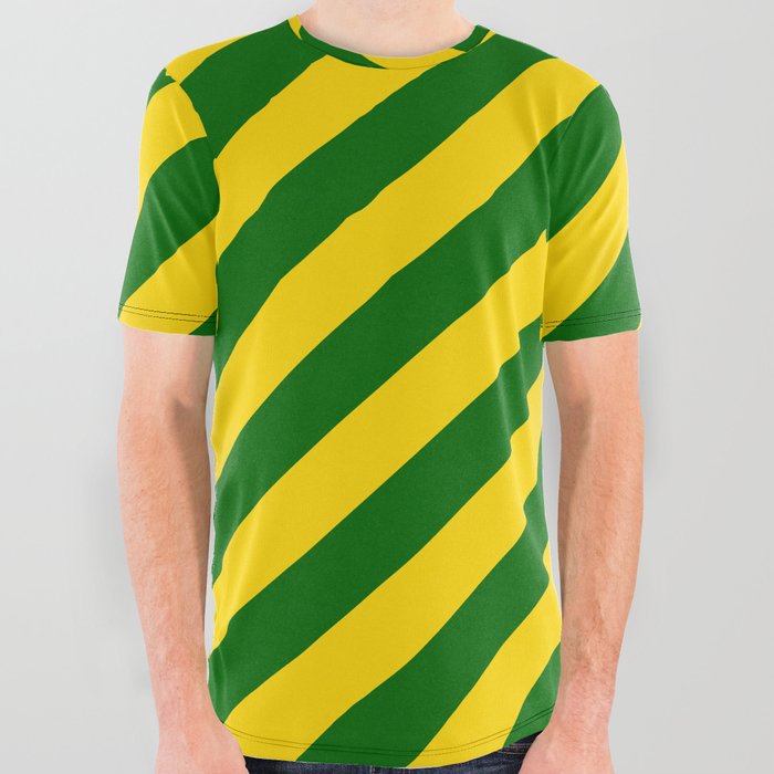 Yellow & Dark Green Colored Lined Pattern All Over Graphic Tee