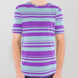 [ Thumbnail: Dark Orchid & Light Blue Colored Stripes/Lines Pattern All Over Graphic Tee ]