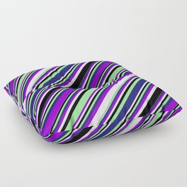 [ Thumbnail: Vibrant Dark Violet, Lavender, Black, Light Green & Midnight Blue Colored Lines Pattern Floor Pillow ]