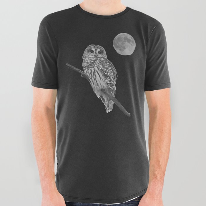 Owl, See the Moon: Barred Owl (bw) All Over Graphic Tee