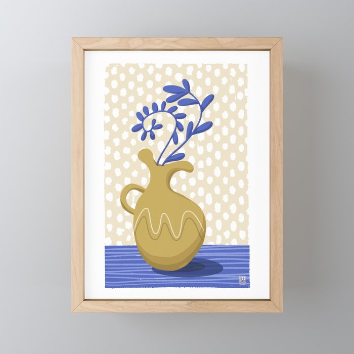 Blue Plant in Yellow Ochre Vase Framed Mini Art Print