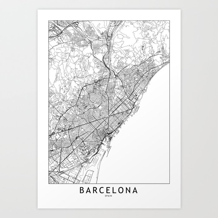 Barcelona White Map Art Print By Multiplicity Society6