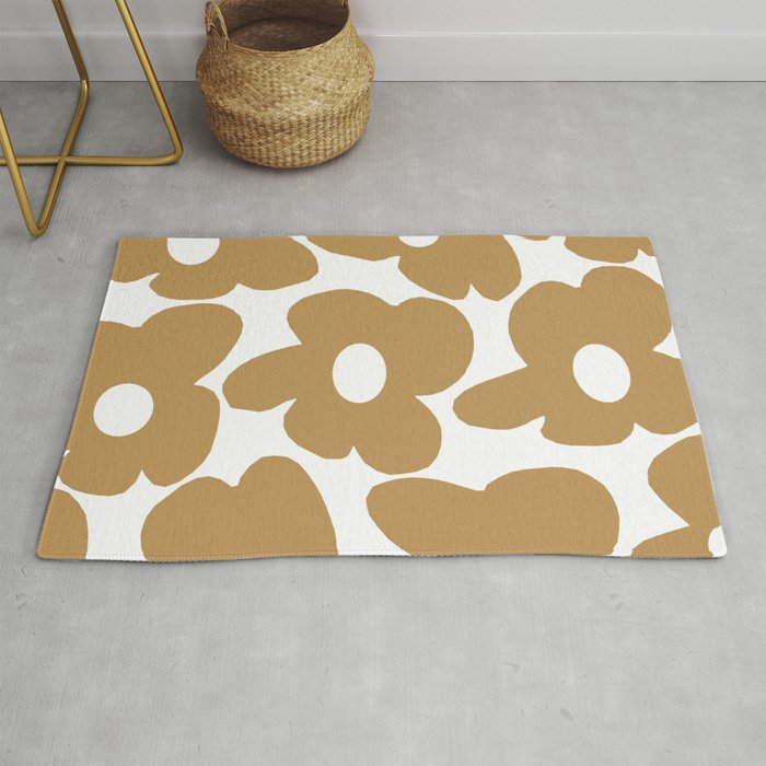 Large Sand Brown Retro Flowers White Background #decor #society6 #buyart Rug