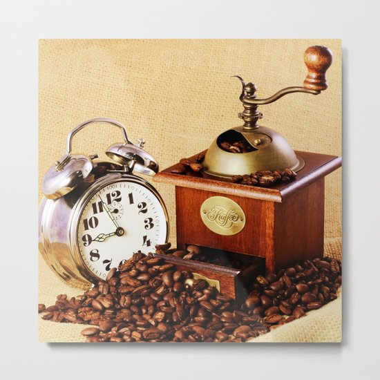 Coffee grinder with coffee beans and clock Metal Print
