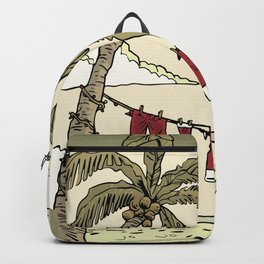 Santa Claus' costume hanging on a clothesline at the beach from two palm trees. Backpack | Graphicdesign, Santaclaus, Costume, From, Clothesline, Palm, Trees, Digital, Two, Hanging 