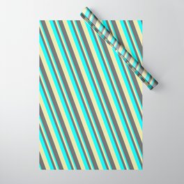 [ Thumbnail: Cyan, Pale Goldenrod & Dim Grey Colored Lines/Stripes Pattern Wrapping Paper ]