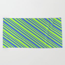 [ Thumbnail: Light Green & Royal Blue Colored Lines/Stripes Pattern Beach Towel ]