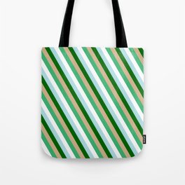 [ Thumbnail: Eye-catching Tan, Sea Green, White, Powder Blue, and Dark Green Colored Pattern of Stripes Tote Bag ]
