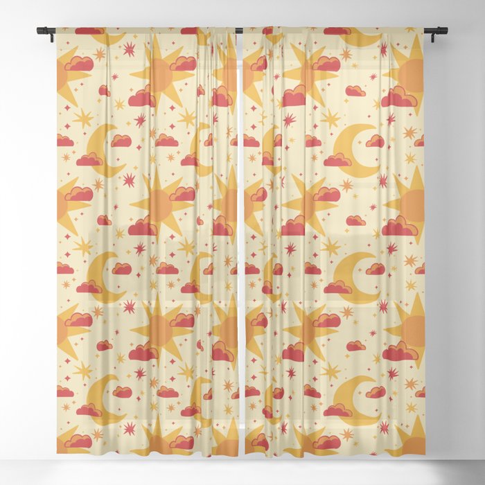 Cream Sun & Stars Pattern Sheer Curtain