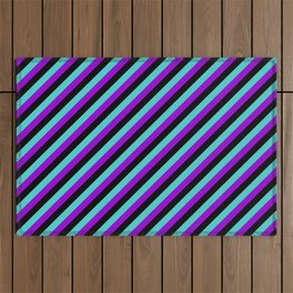 [ Thumbnail: Turquoise, Dark Violet & Black Colored Lined Pattern Outdoor Rug ]