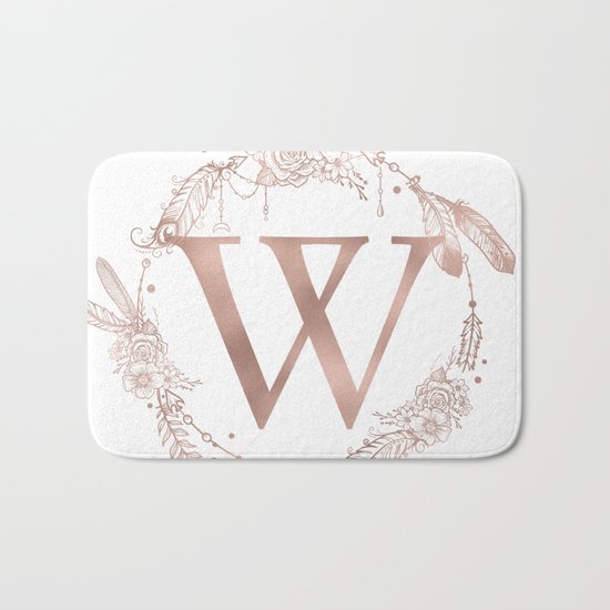 Letter W Rose Gold Pink Initial Monogram Bath Mat