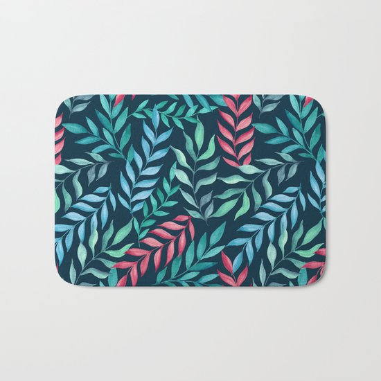 Blue and red branches. Watercolor Bath Mat