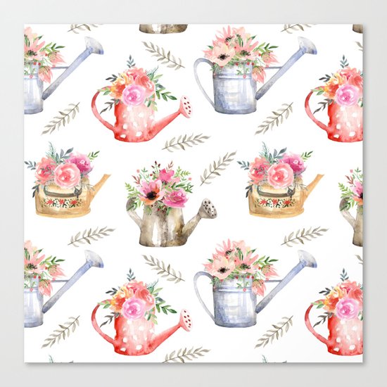 Garden watering cans and flowers. Vintage pattern Canvas Print