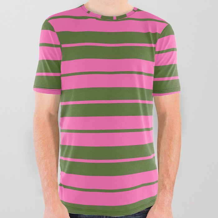 Hot Pink and Dark Olive Green Colored Lined Pattern All Over Graphic Tee