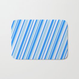 [ Thumbnail: Blue, Light Blue & Lavender Colored Lined/Striped Pattern Bath Mat ]
