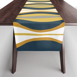 Hourglass Abstract Mid Century Modern Retro Pattern in Mustard Yellow, Navy Blue, Grey, and White Table Runner