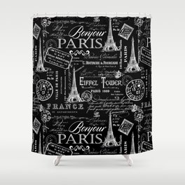 Vintage Paris French Lifestyle With Eiffel Tower Black And White Allover Pattern Shower Curtain