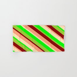 [ Thumbnail: Vibrant Light Salmon, Beige, Lime, Green & Dark Red Colored Stripes/Lines Pattern Hand & Bath Towel ]