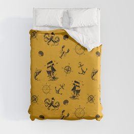 Mustard And Black Silhouettes Of Vintage Nautical Pattern Duvet Cover