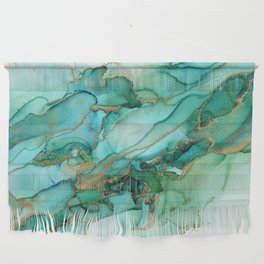 Emerald Gold Waves Abstract Ink Wall Hanging