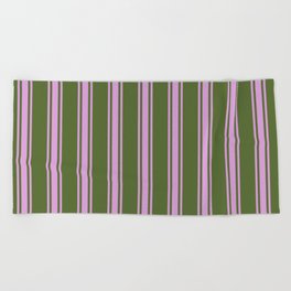 [ Thumbnail: Dark Olive Green & Plum Colored Striped/Lined Pattern Beach Towel ]