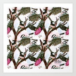 Rose pink Winter Bird pattern  Art Print