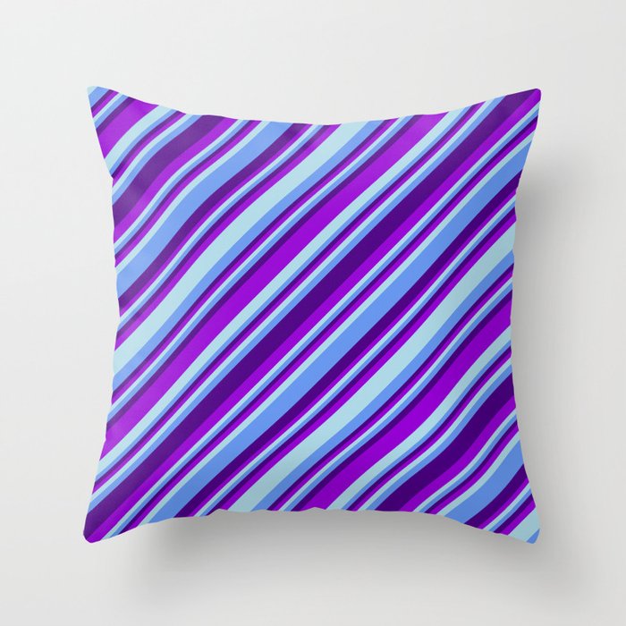 Indigo, Dark Violet, Light Blue & Cornflower Blue Colored Lined Pattern Throw Pillow