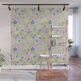 muted pastel pink yellow green eclectic daisy print ditsy florets Wall Mural