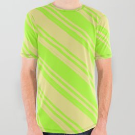 [ Thumbnail: Light Green and Tan Colored Striped/Lined Pattern All Over Graphic Tee ]