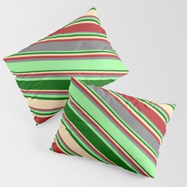 [ Thumbnail: Eyecatching Grey, Green, Dark Green, Beige, and Red Colored Lines Pattern Pillow Sham ]