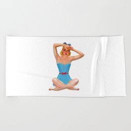 Sexy Blonde Tan Pin Up With Blue Eyes Vintage Light Blue Dress Legs Crossed Beach Towel