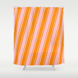 [ Thumbnail: Pink and Dark Orange Colored Lines/Stripes Pattern Shower Curtain ]