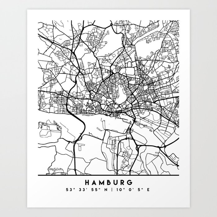 HAMBURG GERMANY BLACK CITY STREET MAP ART Art Print