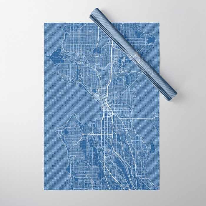 Seattle City Map of Washington State, USA - Blueprint Wrapping Paper