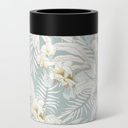 Seamless tropical pattern with flowers Orchid, Fleur de lis, leaves and Parrot Cockatoo. Vintage illustration in vintage style.  Can Cooler