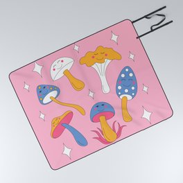 Retro mushrooms and smiles and sparkles. Pink background. Picnic Blanket
